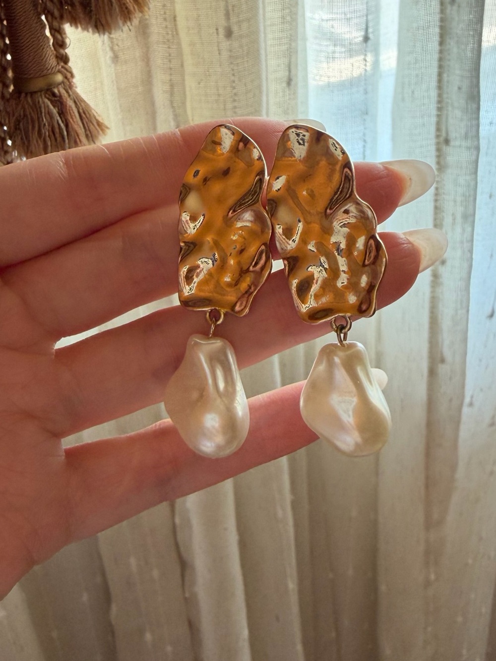 Gold-Tone Sculptural Drop Earrings with Cream Baroque Pearls
